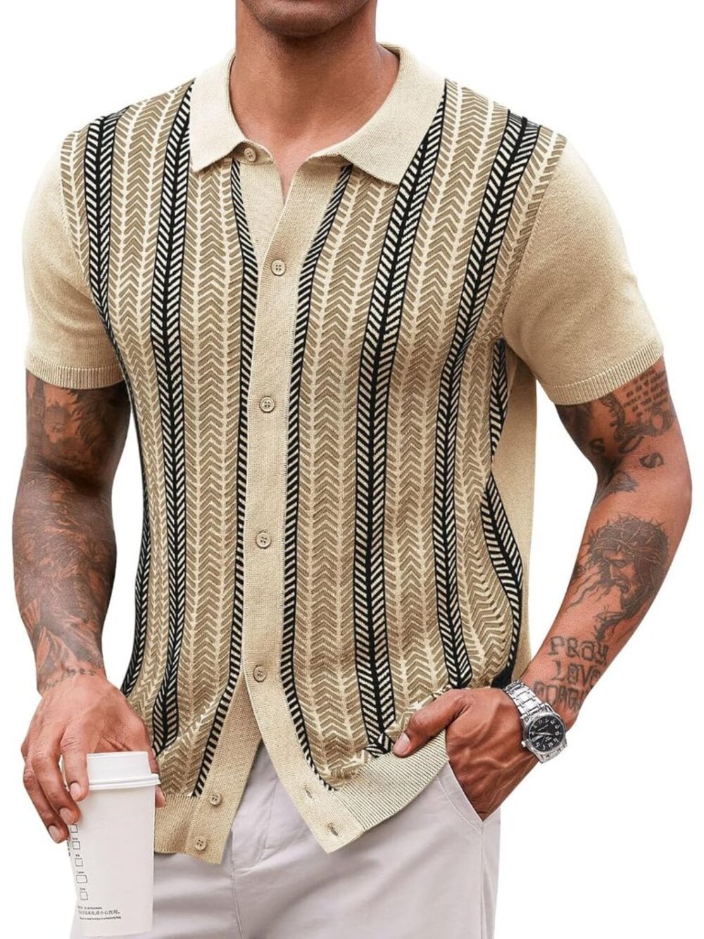 Men Beige Vintage Knit Polo Short Sleeve Casual Golf Old Money Shirt